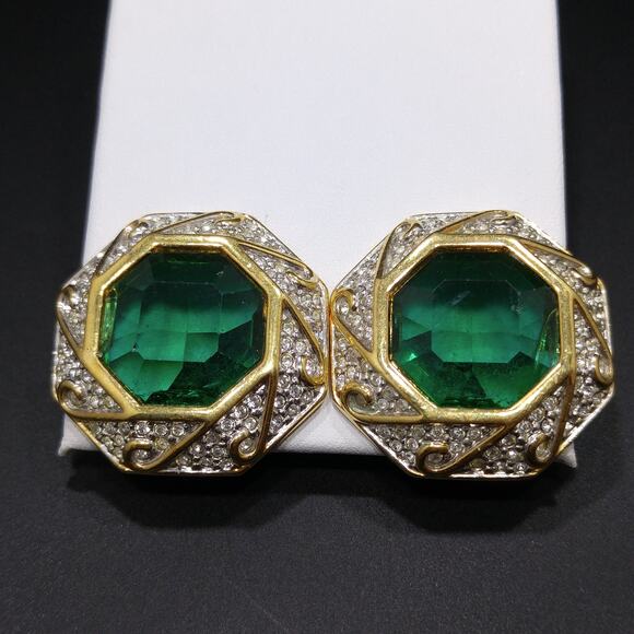Swarovski Green Octagon Crystal Earrings, Clip On, Gold Plated, Swan Logo - Picture 10 of 10